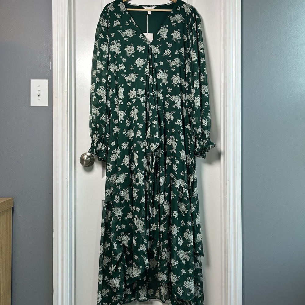LC Lauren Conrad Green Floral Long Sleeve Tiered Maxi Dress Garden Party Style